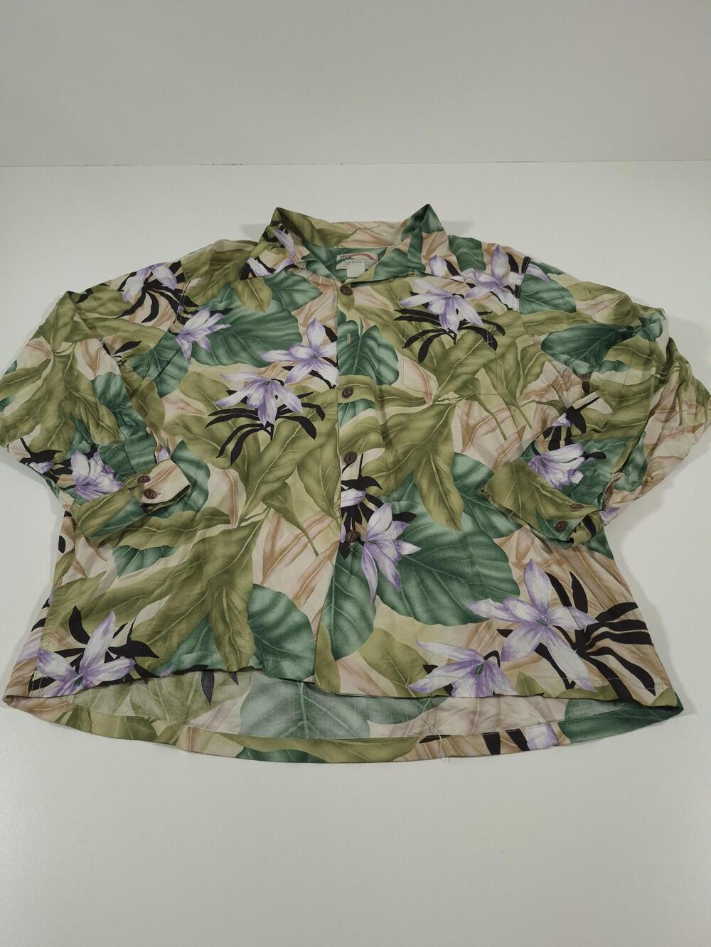 Paradise Found Shirt Mens XL Green Floral Hawaiian Long Sleeve Button Up FLAW
